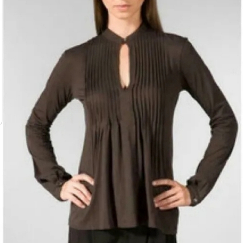 Theory Bianca Black Pintuck Cotton Blouse Long Sleeve Semi Sheer Size Petite